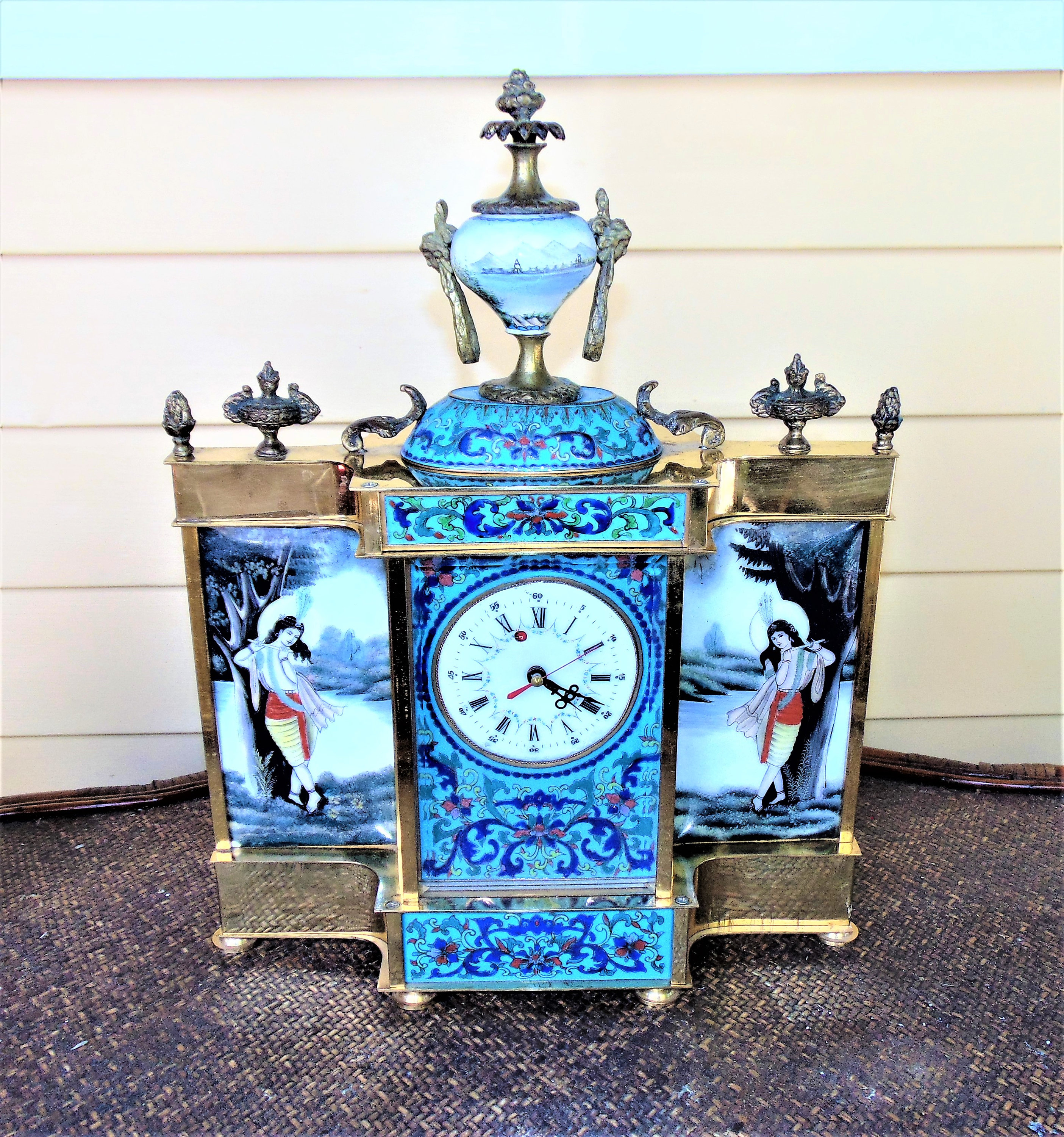 1940s Chinese Enameled Brass Mantel Clock: Hand-painted Glass