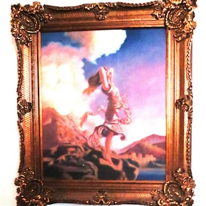 May include: A framed painting of a woman in a flowing white dress, standing on a rocky cliff with a cloudy sky in the background.