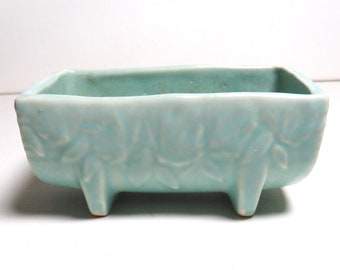 1940s Nelson McCoy Pottery Aqua Mini Butterfly Line Log Shaped Planter (inv 522)