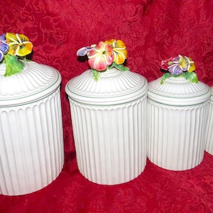 4PC Vintage Italian Porcelain Pansey Canister Set Mid Century Capodimonte Cheery & Bright