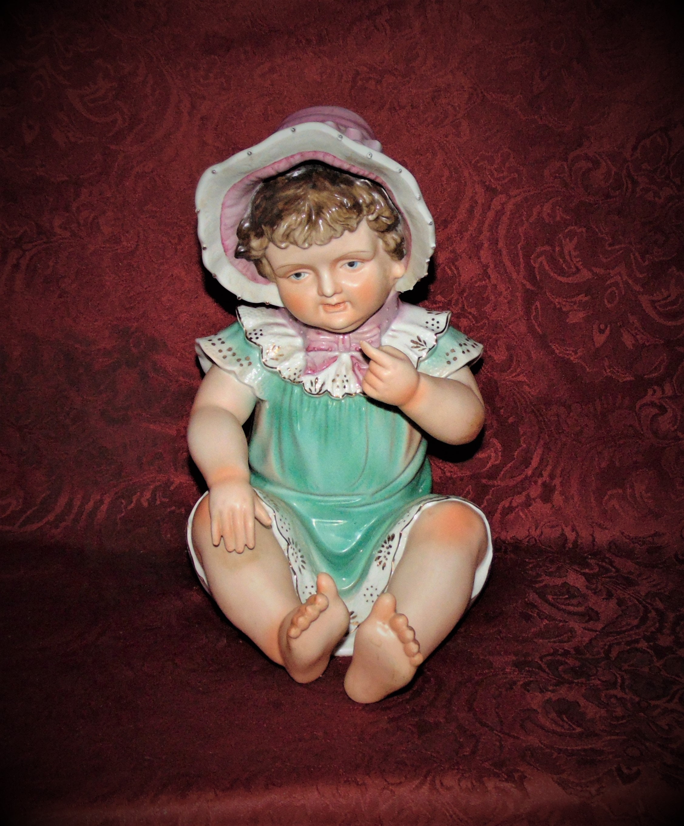 Antique Bisque Piano Baby: Bonneted Girl Figurine, Ardalt Lenwille, 11 inch