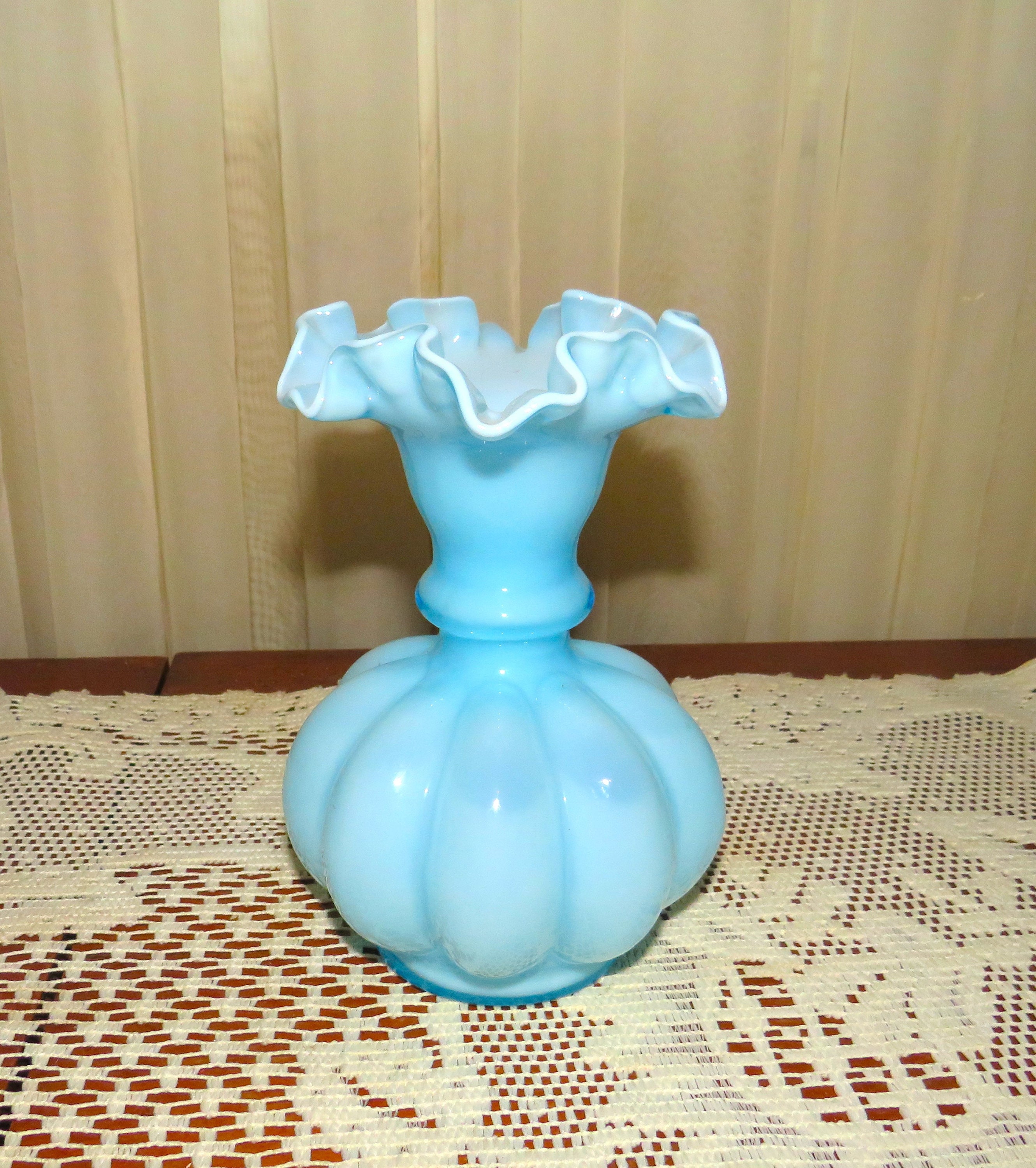 Vintage Fenton Art Glass Vase: Blue Ruffled Melon Base - Etsy