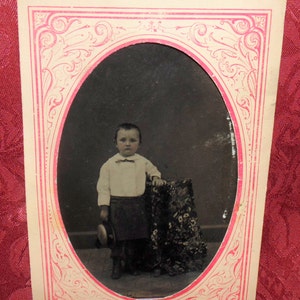 Early 1800s Tin Type of Young School Boy in Uniform with Straw Hat