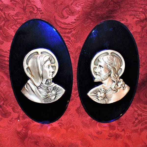 1930 Deco Blue Mirror Sacred Heart Jesus & Mary Oval Wall Plaques- Pair