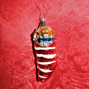 Large 6 inch WEST GERMANY Duck in a Striped Stocking Christmas Ornament 1 of 2