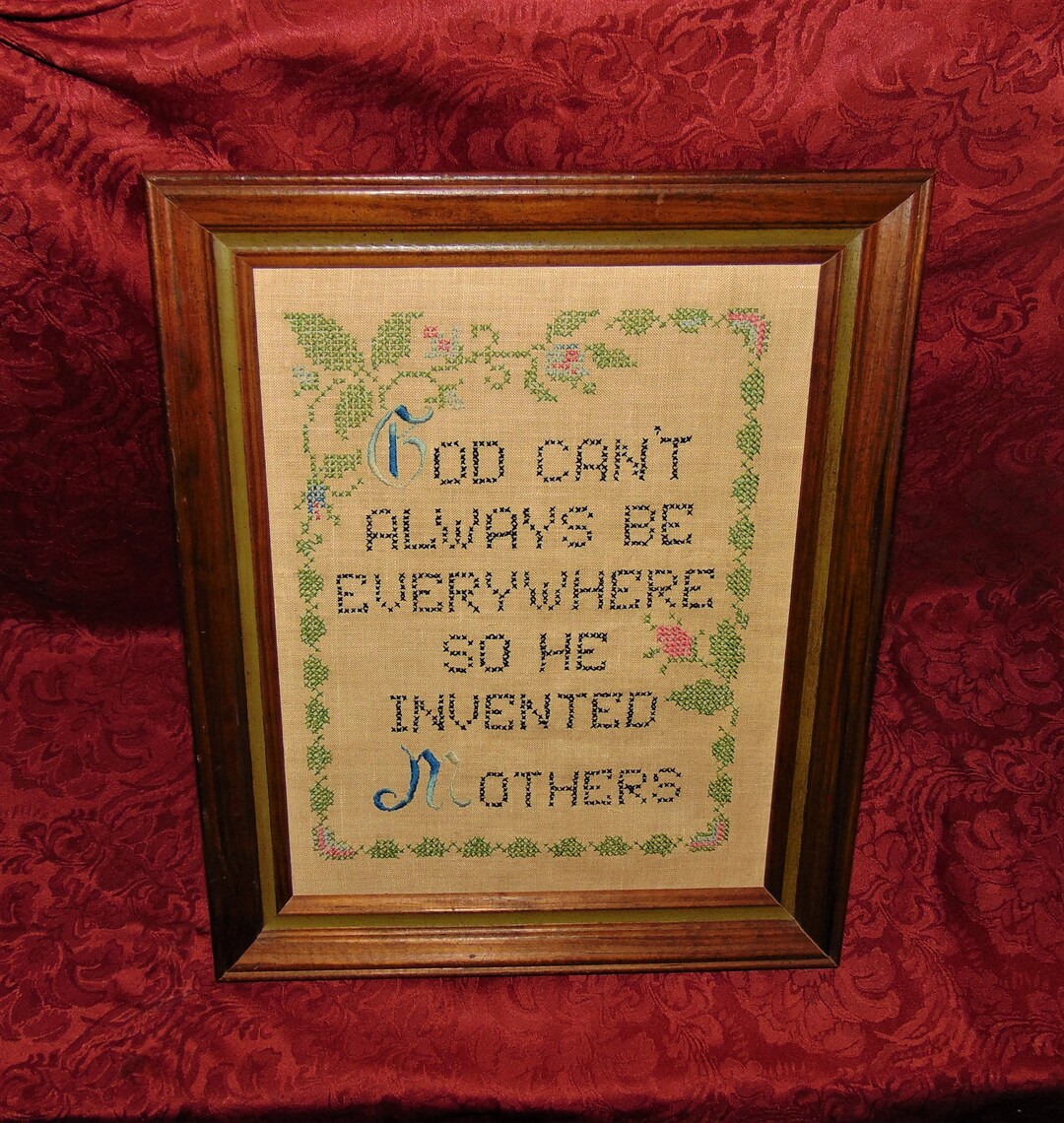 Vintage Framed Cross Stitch god Can't Always Be Everywhere so He