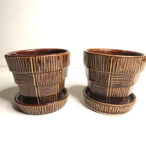 TWO MINIATURE McCoy Pottery Basket Weave Planter Pots in Dark Brown with Attached Drip  (inv 514)Dish Geometric Step Back Pattern