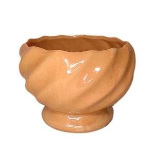 May include: A peach-colored ceramic bowl with a pedestal base. The bowl has a wavy rim and a swirled design around the exterior. The glossy finish reflects light, highlighting the curves and details of the decorative piece.