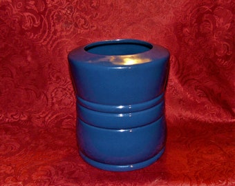 Mid Century FRANKOMA Pottery Large Dark Blue Barrel Vase Planter