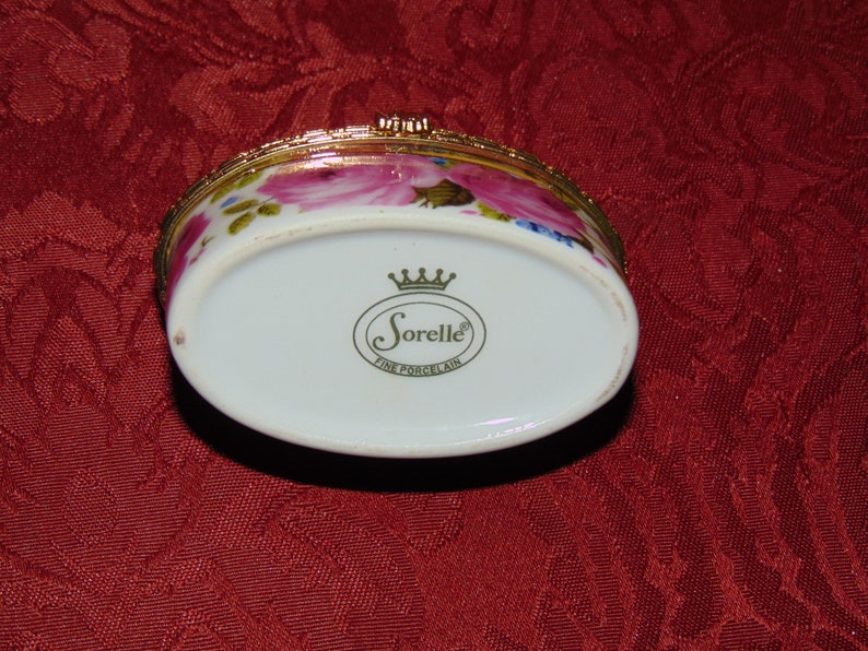 Vintage Sorell Fine Porcelain Oval Trinket Box Decorated with Roses with Gold Metal Trim
