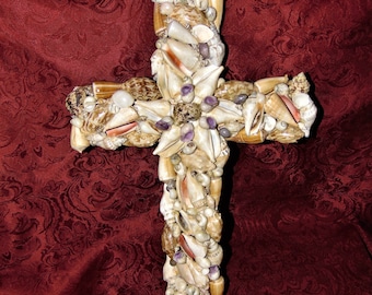 16 Inch Vintage Sea Shell Cross on Wood
