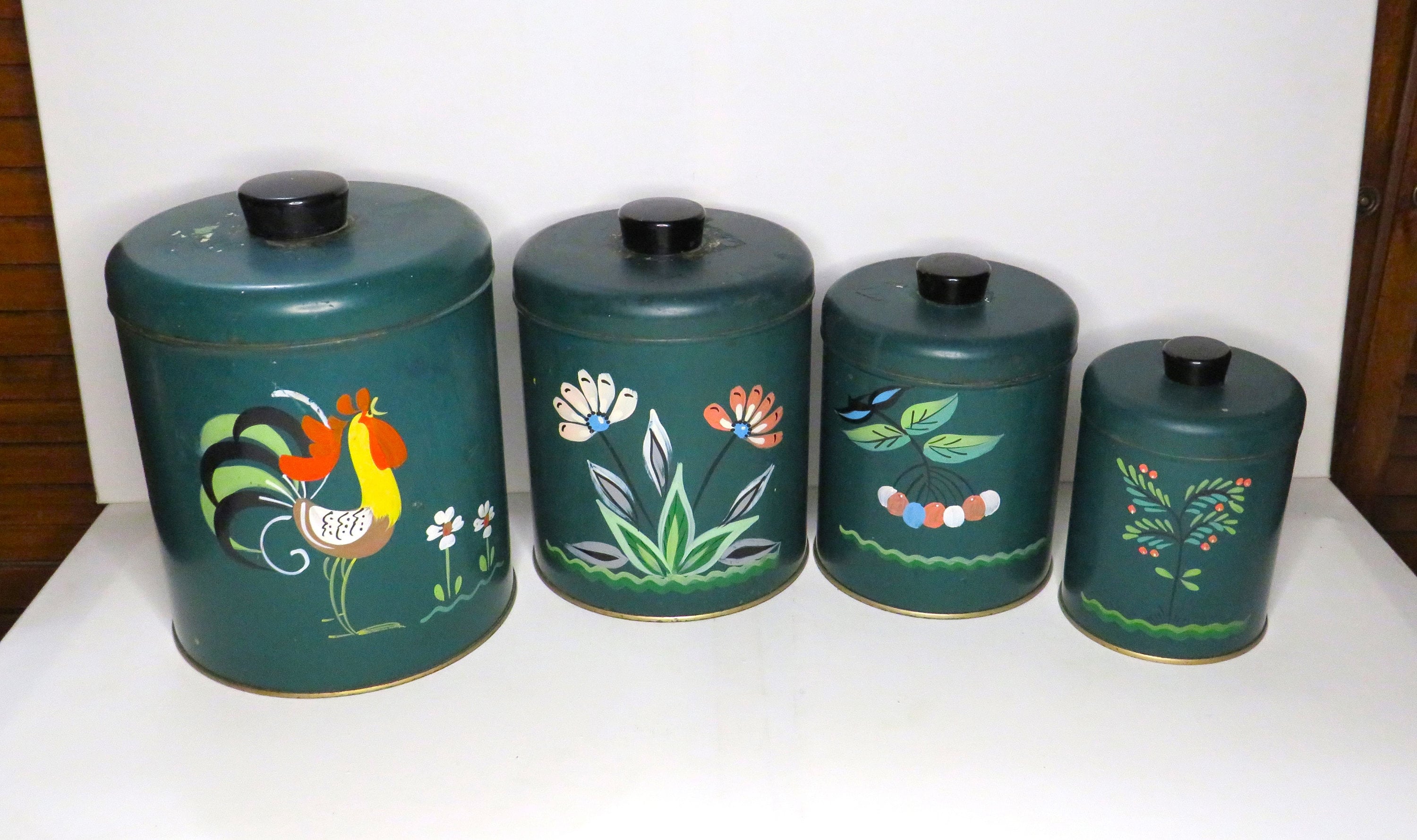 アメリカ　ランズバーグ　花柄レトロ　アンティーク4缶セット　古い缶　シャビー Four Mid Century Canisters by Ransburg Pottery Evergreen
