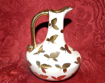 Pretty White Miniature China Pitcher Vase Decorated with Gold Leaves