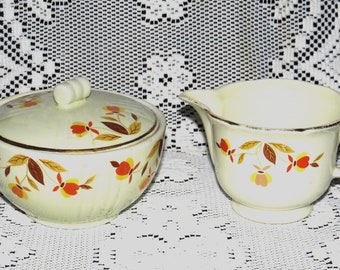 Vintage Autumn Leaf Hall China Creamer and Lidded Rayed Sugar Bowl