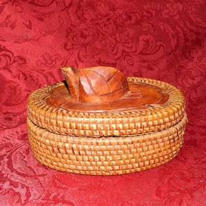 Hand Woven Reed Basket: Lombok Island Carved Wood Sea Turtle Trinket Box
