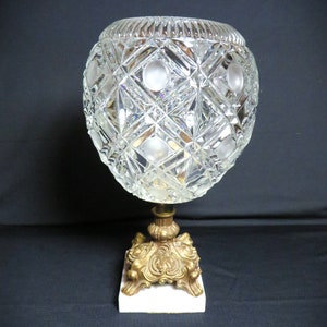 Large Crystal Globe Vase/Candleholder Centerpiece on Brass & Marble Base (inv 533)