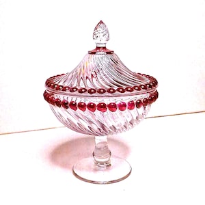 Westmoreland Glass Covered Bowl / Candy Dish Beautiful "Ball and Swirl Ruby Flash" Pattern