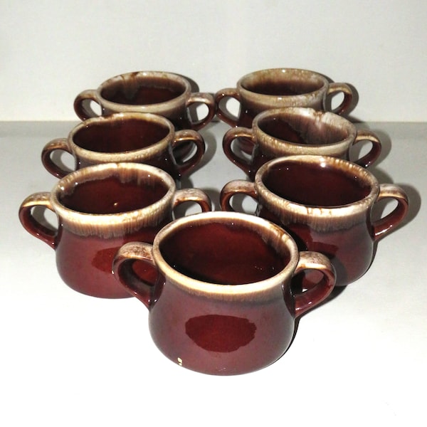 McCoy Pottery Set of Seven Brown Mid-Century Drip Glaze Handled Bowls Soup/Chili (inv 514)