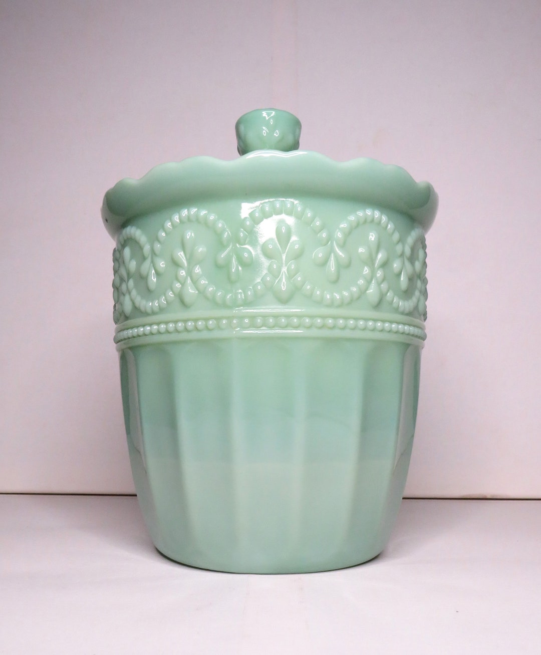 Vintage Jade Glass Cookie Jar by Pioneer Women Timeless Beauty Pattern