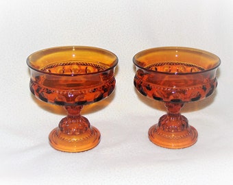 1960s PAIR of Amber Pedestal Candy Compotes Indiana Glass Kings Crown Pattern Pillar Candle Holders