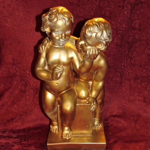Vintage 19 1/2&quot;  Double Putti Cherub Gold Gilt Statue Plaster Classic Decorator Item