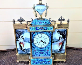 1940s Chinese Enameled Brass Mantel Clock: Hand-Painted Glass Panels