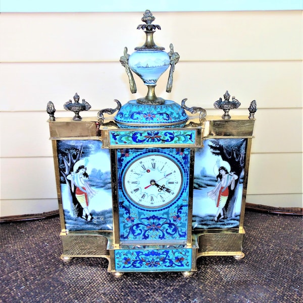 1940's Elegant Chinese Hand Enameled and Brass Mantel / Table Clock Beveled Glass &  Hand Painted Glass Panels