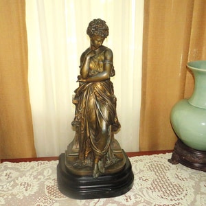 Large 25 in Antique Neoclassical Bronzed Spelter Statue of a Beautiful Goddess / Empress on Wood Base French RESERVED