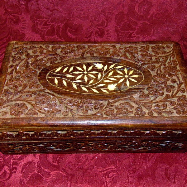 Early 1960's Carved Jewelry "Stash" Box with Flowered Inlay On Top  Made in India