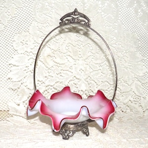 Rare Miniature Victorian Brides Basket: Cranberry & White Fluted Glass, Ornate Silver Holder
