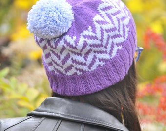 Herringbone Hat (merino), Adult Beanie, Adult Toque, wool hat, wool toque, winter hat, fairisle, colorwork, herringbone, knit hat, pompom