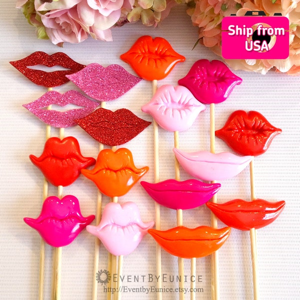 SALE 20Pc Photobooth Props, Polymer Clay Lips, Glitter Lips, Photo Props, Wedding Photo Booth props, Birthday Photo Booth Props