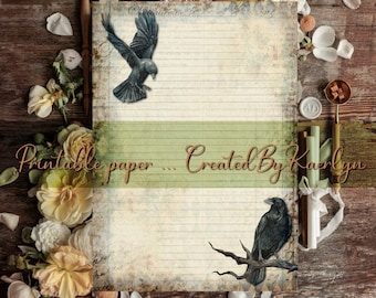 Raven writing paper. Crow themed stationery. Spooky pen pal printable.
