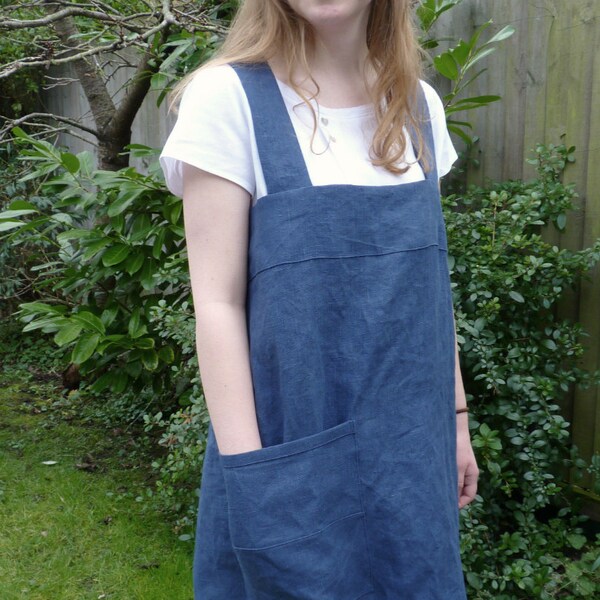 Cross over Japanese Style Apron in Denim Blue Linen Flax