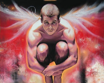 Surrealism Red Male Nude Figure Angel Gay Interest Original Fine Art Framed