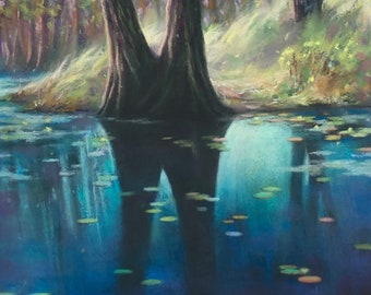 Colorful Tropical Blue Reflection Lily Lagoon Forest Original Artwork Framed