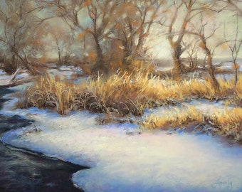 Scenic Snowy Scenic River's Edge Original Art Landscape Painting