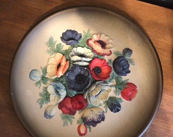 Handpainted Plate, Floral Wall Art, Boho Home Decor, Floral Collectible, Chalkware Plate