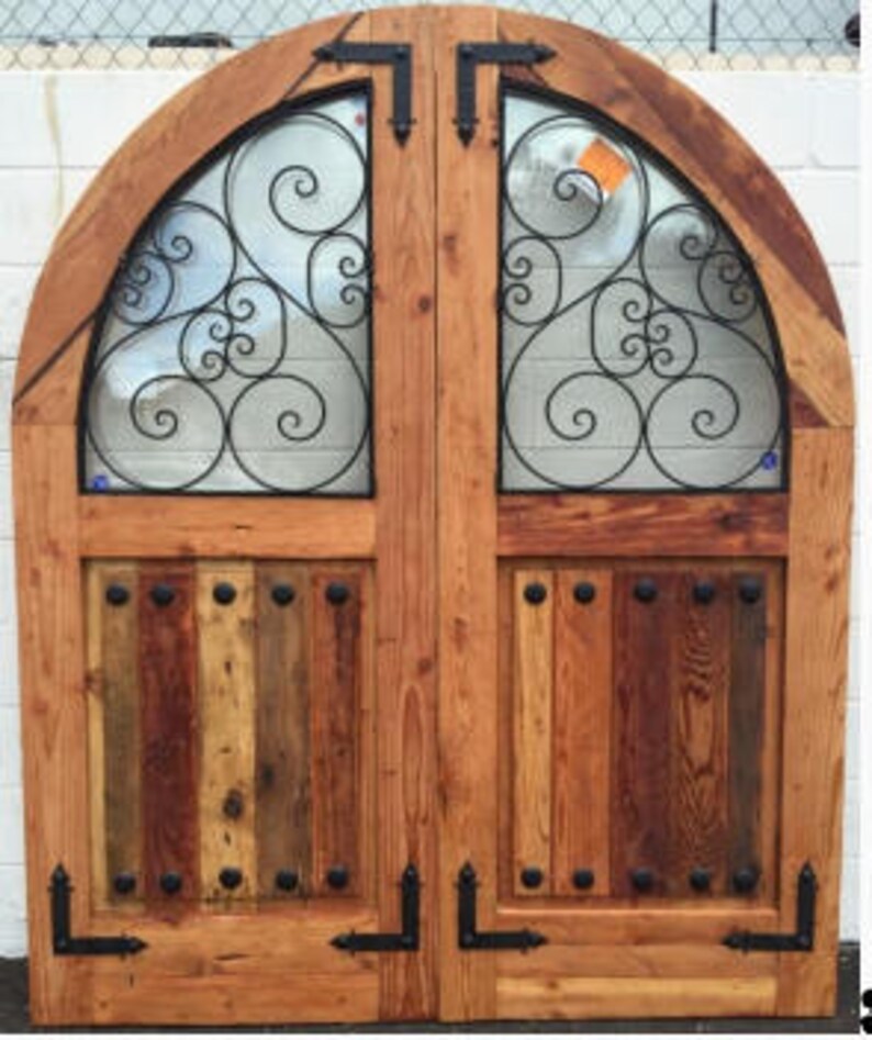 Reclaimed lumber rustic arched double doors comes w/ hand