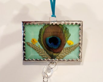 Pressed flowers Peacock feather Stained glass  Gift for her Mother's gift Grandmother gift Whimsical gift Crystal gift