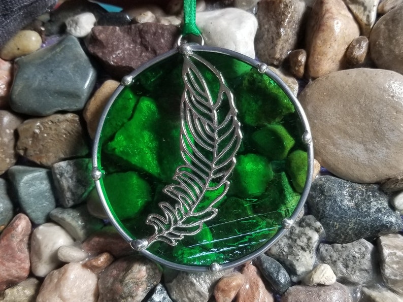 Feather Glass Sun catcher Ornament Indian Nature Decor Duck Feather Art Bohemian Mallard Duck Spirit Feather stained glass Housewarming