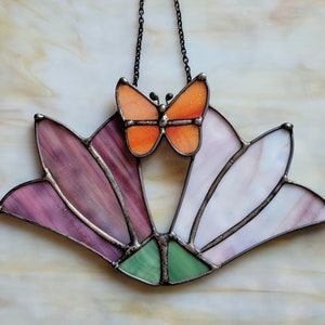 Tulips Butterfly Stained Glass Flower Sun Catcher Indoor Boho home decor Eclectic gift Birthday Gift summer decor image 1