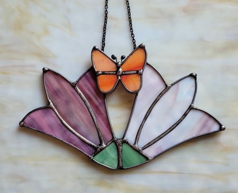 Tulips Butterfly Stained Glass Flower Sun Catcher Indoor Boho home decor Eclectic gift Birthday Gift summer decor image 1