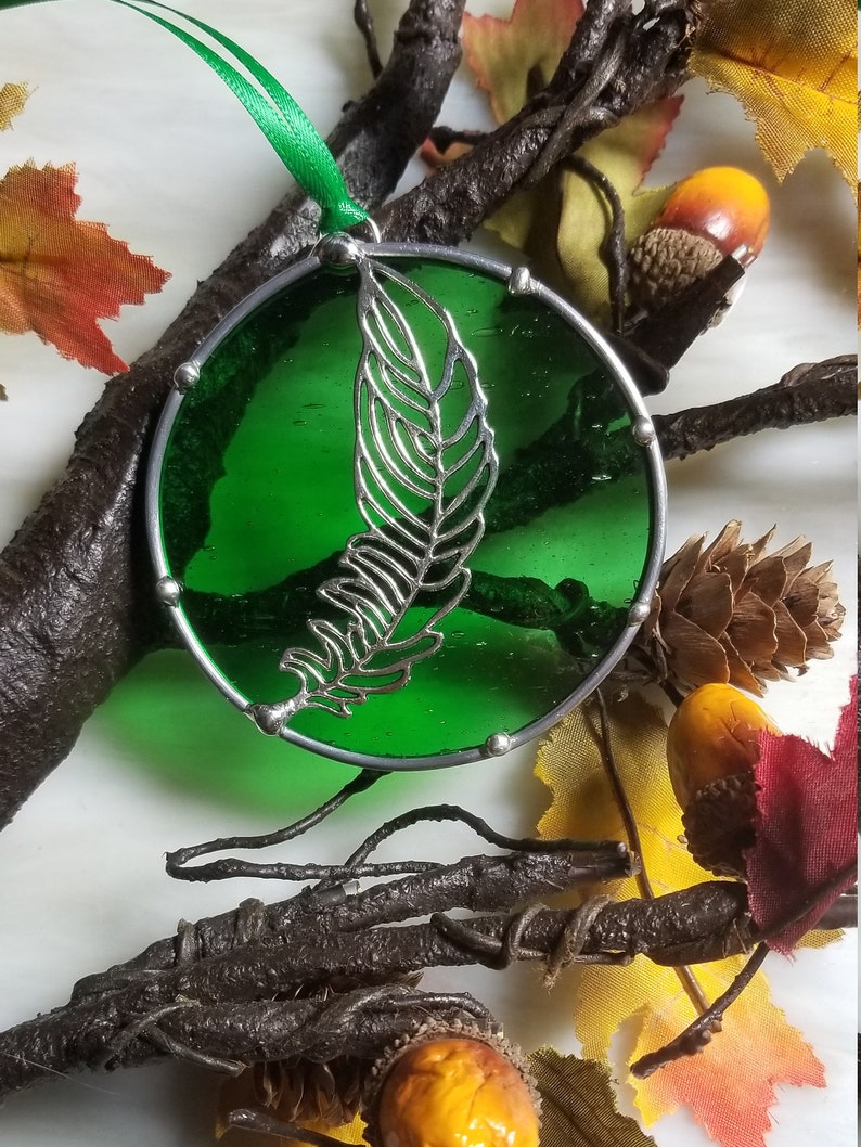 Feather Glass Sun catcher Ornament Indian Nature Decor Duck Feather Art Bohemian Mallard Duck Spirit Feather stained glass Housewarming