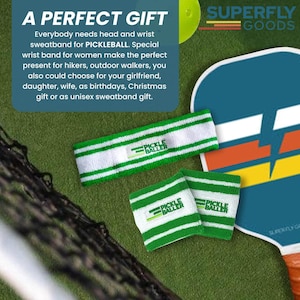 May include: White and green striped sweatbands and wristbands with the text "PICKLE BALLER". The image also includes a pickleball paddle and the text "A PERFECT GIFT".