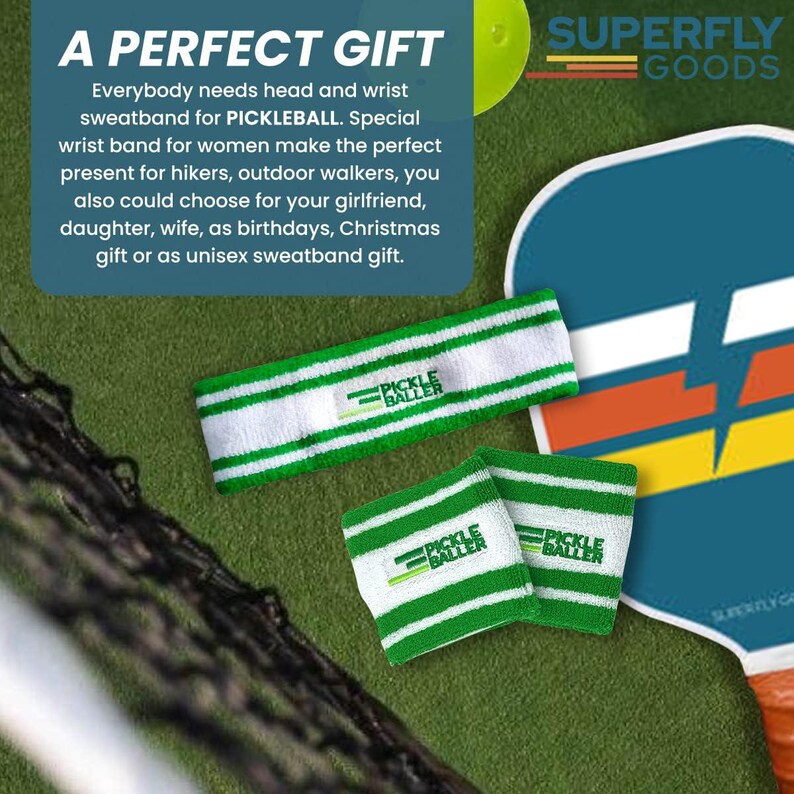May include: White and green striped sweatbands and wristbands with the text "PICKLE BALLER". The image also includes a pickleball paddle and the text "A PERFECT GIFT".