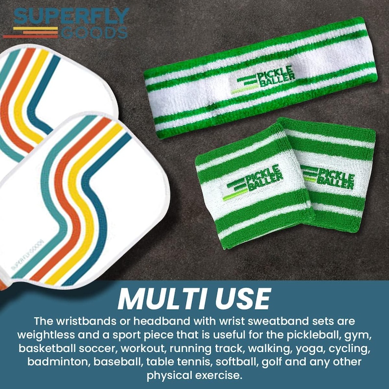 May include: White pickleball paddles with colorful stripes and a green and white striped headband and wristbands. The wristbands and headband have the text "PICKLE BALLER". The image also includes the text "MULTI USE".