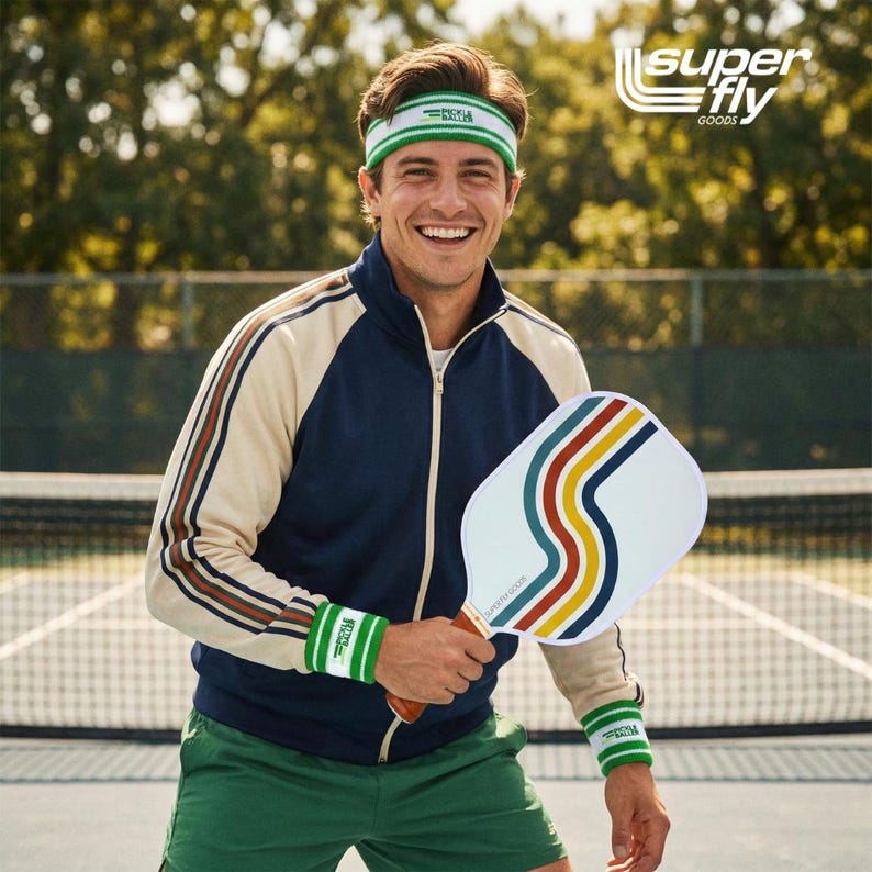 May include: A person wearing a retro-style tracksuit and holding a pickleball paddle. The paddle is white with a colorful wave design. The tracksuit is navy blue and cream with brown and red stripes. The image includes the text "SUPER FLY GOODS".