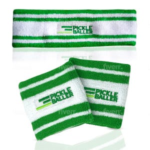 May include: A white and green striped headband and two matching wristbands. The text "PICKLE BALLER" is embroidered in green on the headband and wristbands. The accessories are designed for sports and fitness activities.