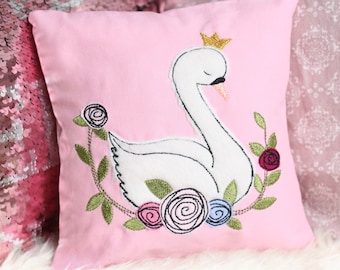 Embroidery file swan 13x18 (5x7) doodle applique embroidery design, swan princess with roses, crown, fringe applique,